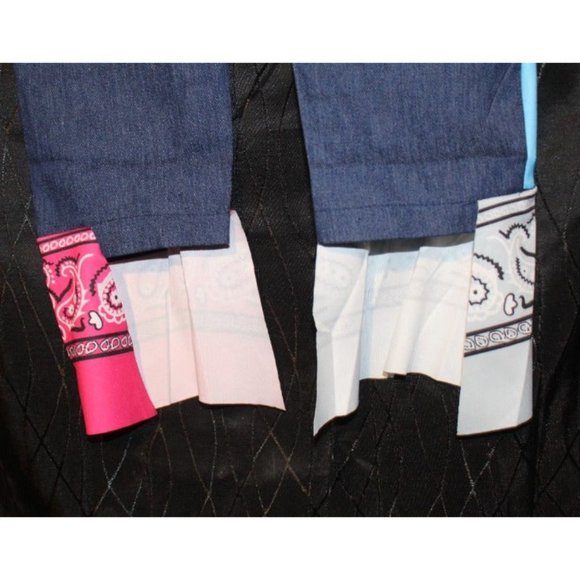 Women's Multi-Colored Bandana Patched Dark Blue Jeans With Pre Cut Rips Size: S - Picture 7 of 9
